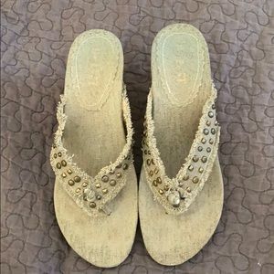 On Your Feet Salina Oatmeal Canvas Wedge Heels